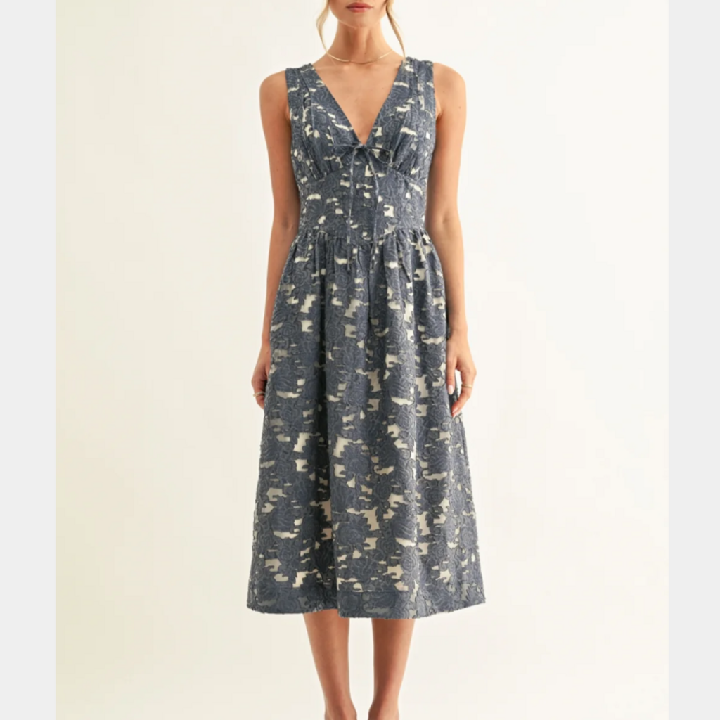 ADELYN RAE Arleta Jacquard Chambray Sleeveless Corset Midi Dress Denim Blue Jacquard