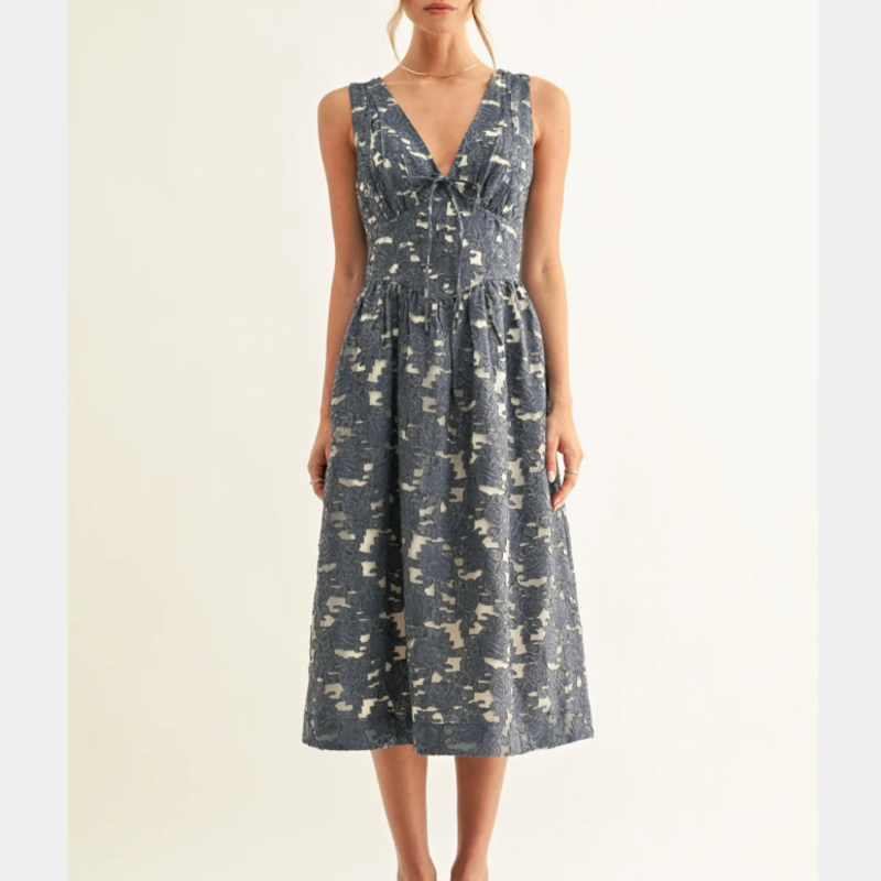 ADELYN RAE Arleta Jacquard Chambray Sleeveless Corset Midi Dress Denim Blue Jacquard