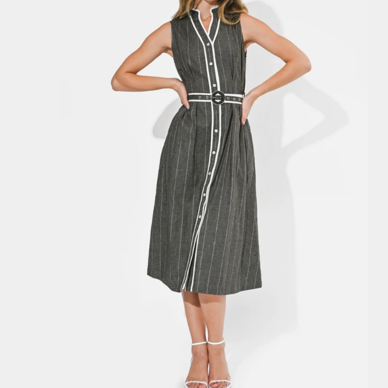 ADELYN RAE Reya Contrast Pipped Stripe Sleeveless Shirt Midi Dress Charcoal/White
