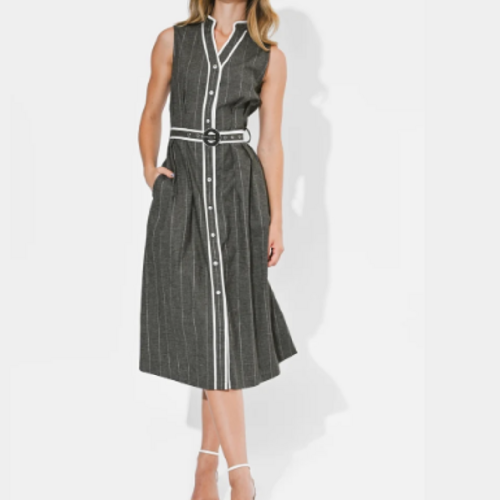 ADELYN RAE Reya Contrast Pipped Stripe Sleeveless Shirt Midi Dress Charcoal/White