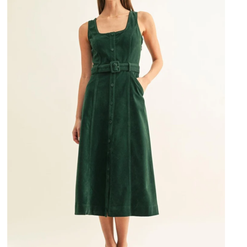 ADELYN RAE Kensley Vegan Suede Contrast Pipped Midi Dress Hunter Green