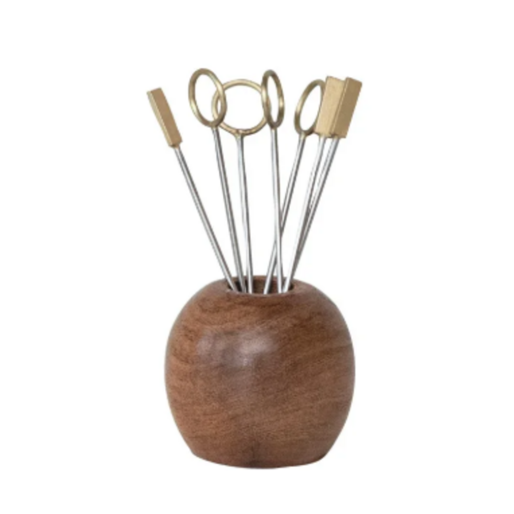 Mango Wood Holder w/ (8) Stainless Steel & Brass Appetizer Picks