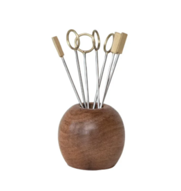 Mango Wood Holder w/ (8) Stainless Steel & Brass Appetizer Picks