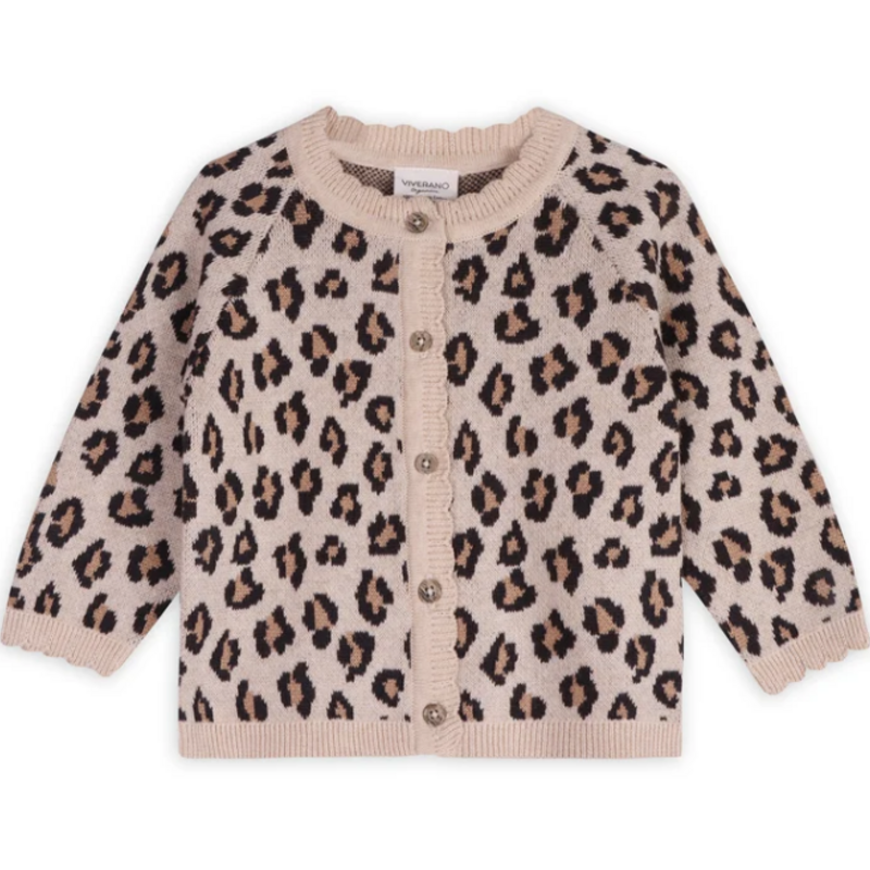 Viverano 256221-OH-03M	Leopard Jacquard Sweater Knit Baby Cardigan (Organic Cotton) - Color: Oatmeal Heather