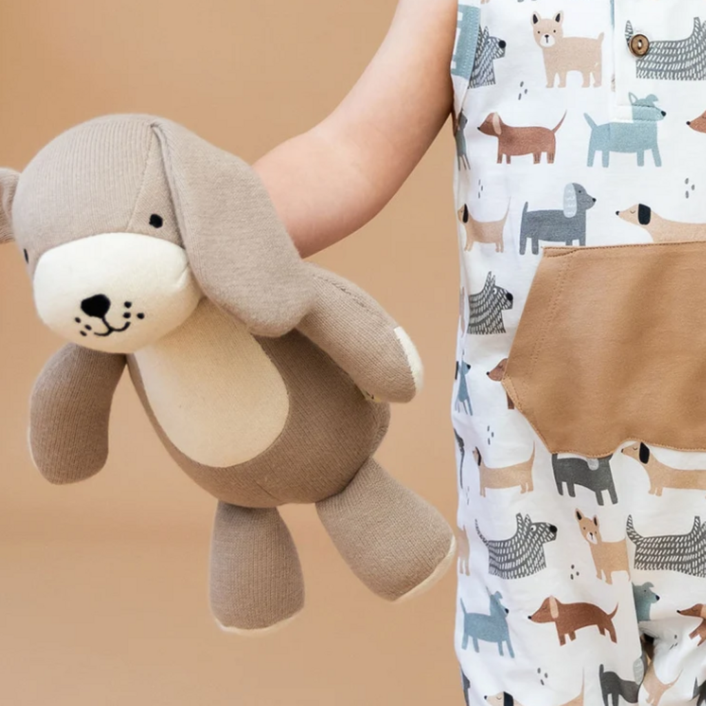 Viverano Rocky Lil Dog Sherpa Knit Stuffed Animal  Linen Grey