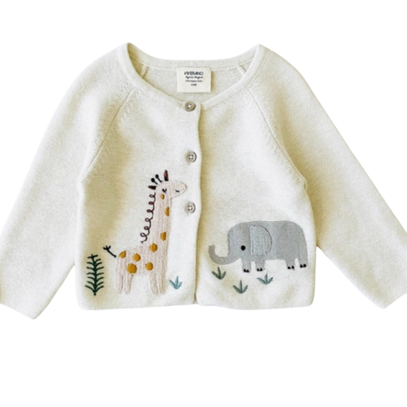 Viverano Animal Safari Embroidered Baby Cardigan Sweater Natural