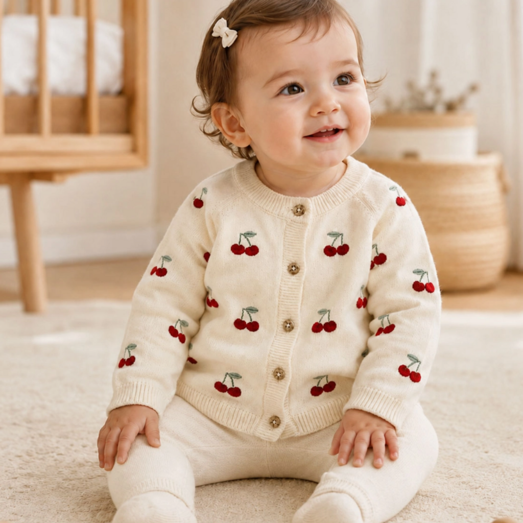 Viverano Cherry Embroidered Sweater Knit Baby Cardigan Sweet Cream