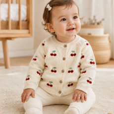 Viverano Cherry Embroidered Sweater Knit Baby Cardigan Sweet Cream