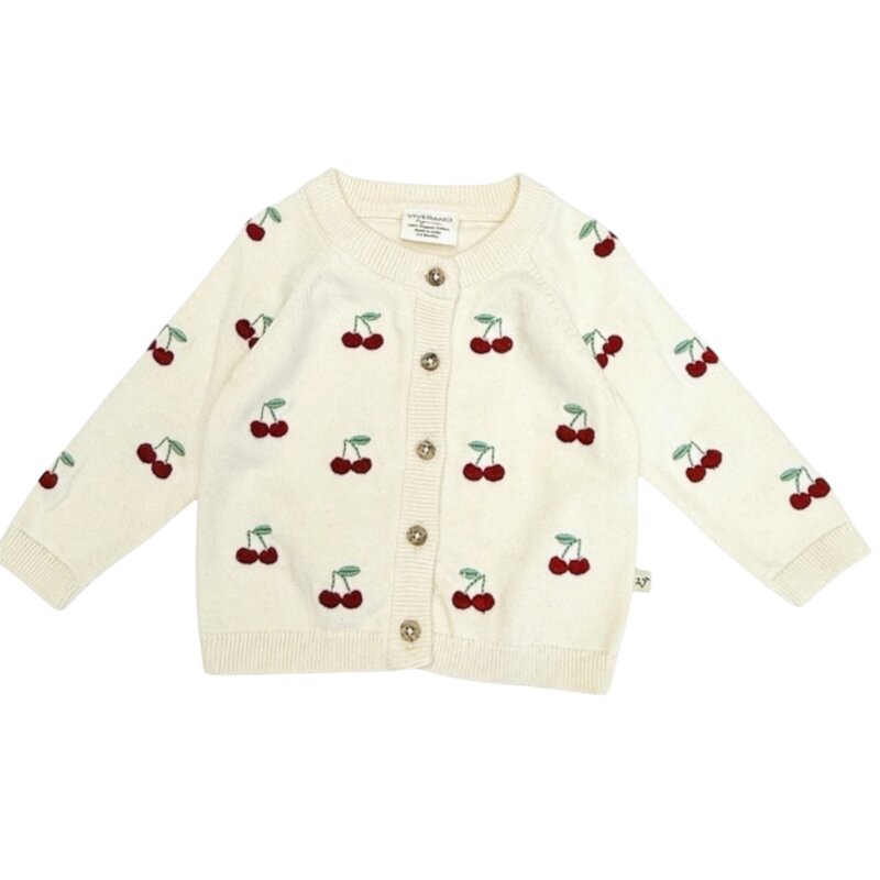 Viverano Cherry Embroidered Sweater Knit Baby Cardigan Sweet Cream