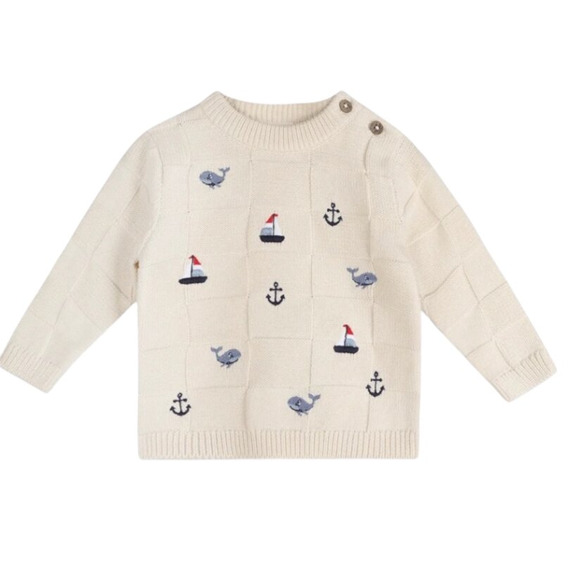 Viverano Miles Nautical Embroidered Baby Pullover Ecru
