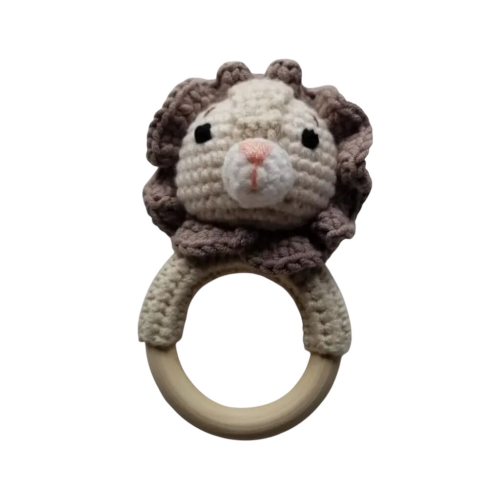 D & C TOYS Lion Teething Ring Hand Crocheted Rattle Toy