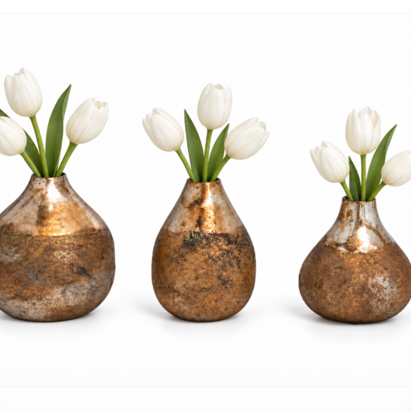 S/3 3-1/2" Rnd x 4"H Metal Vases, Antique Gold Finish