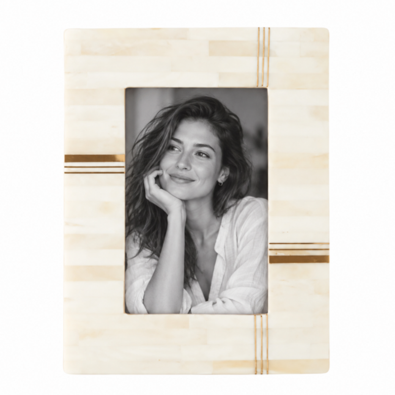 Matr Boomie Mukhendu 4x6 Cream Picture Frame Carved Bone, Brass Bar