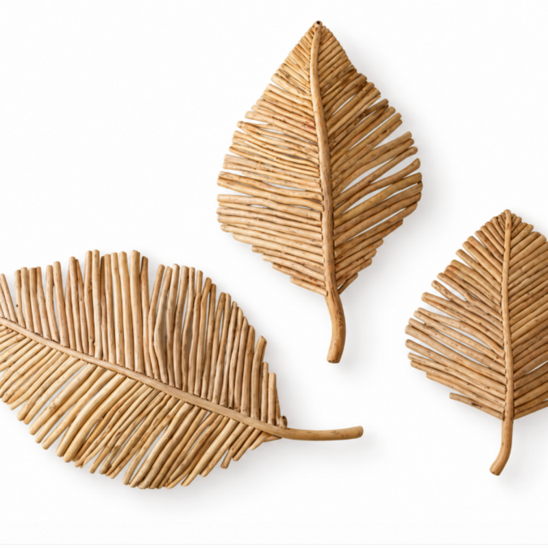 SET OF THREE TEAKWOOD LEAVES WALL ART