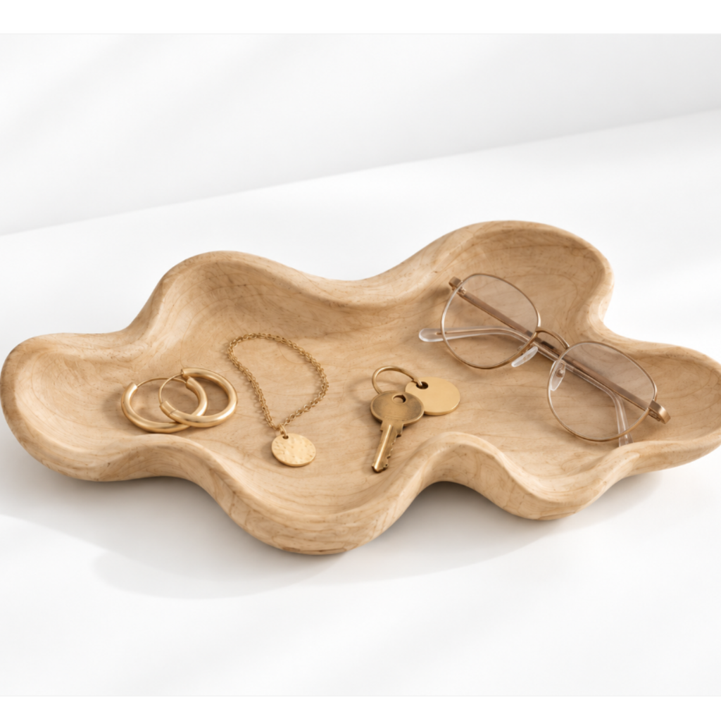 Decorative Paulownia Wood Organic Shaped Scalloped Tray, Natural