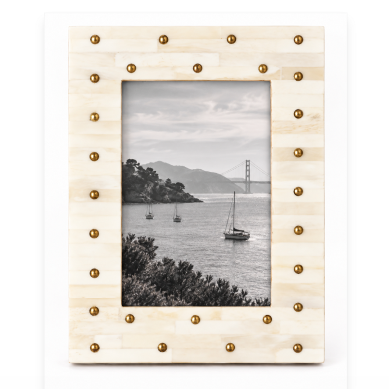 Matr Boomie Mukhendu 5x7 Picture Frame Carved Bone, Brass Studs