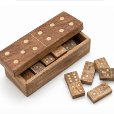 Handmade Mango Wood & Inlaid Brass Dominoes in Mango Wood Box, Natural