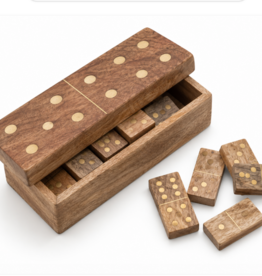 Handmade Mango Wood & Inlaid Brass Dominoes in Mango Wood Box, Natural