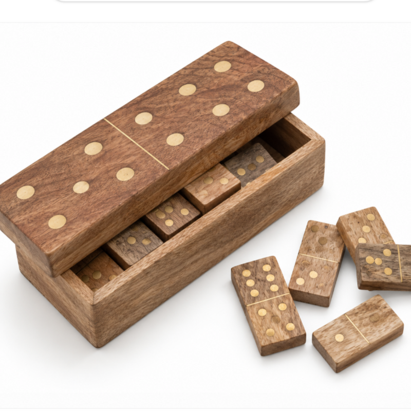 Handmade Mango Wood & Inlaid Brass Dominoes in Mango Wood Box, Natural