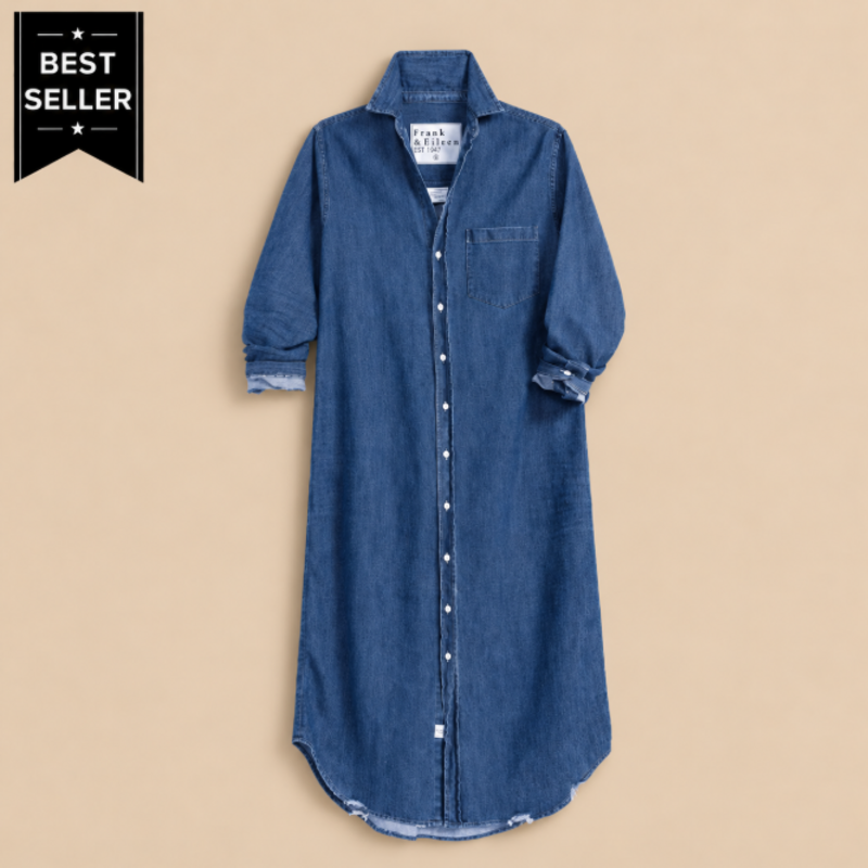 Frank & Eileen RORY Maxi Shirtdress Distressed Indigo Washed Denim