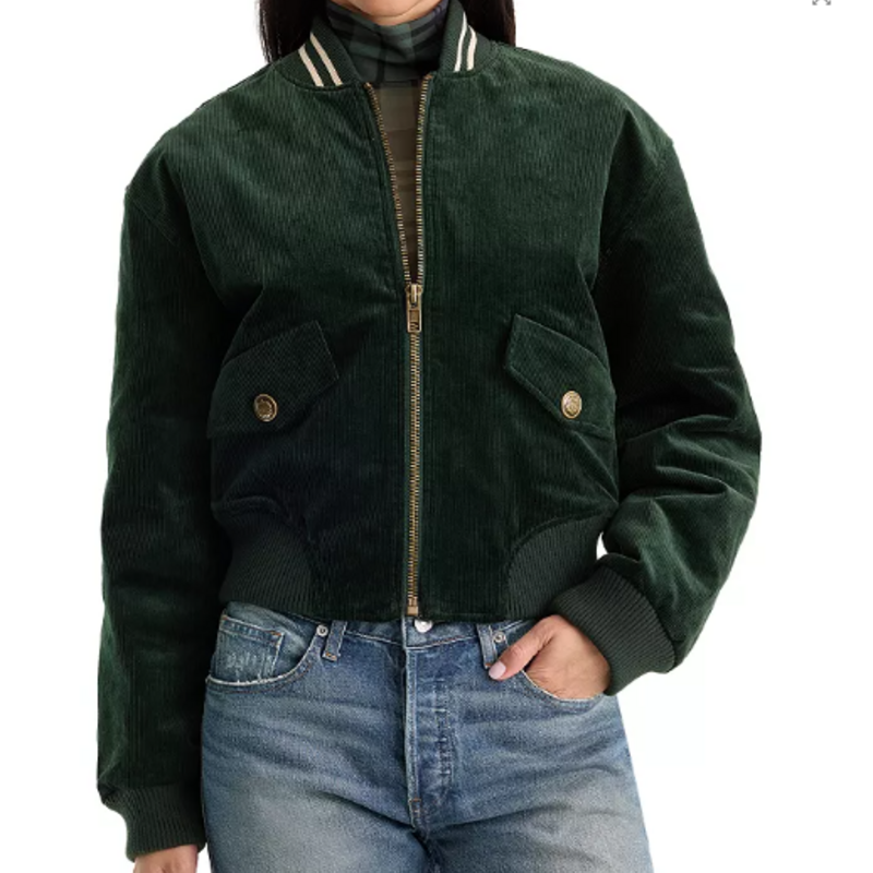 Good American THE CORD VARSITY JACKET FOREST GREEN