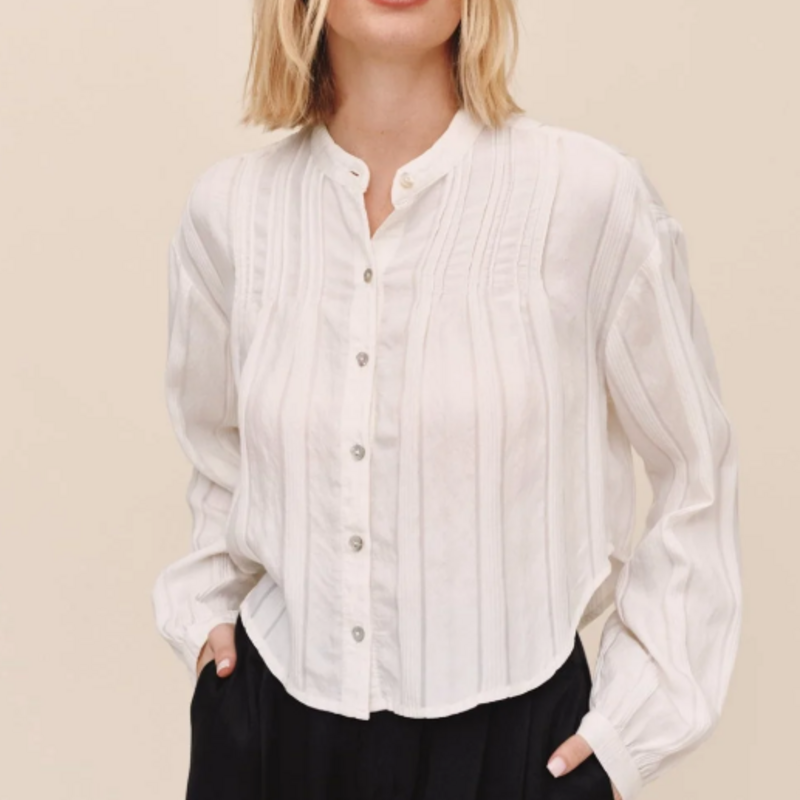 LONG SLEEVE PINTUCK SHIRT-IVORY SHADOW STRIPE