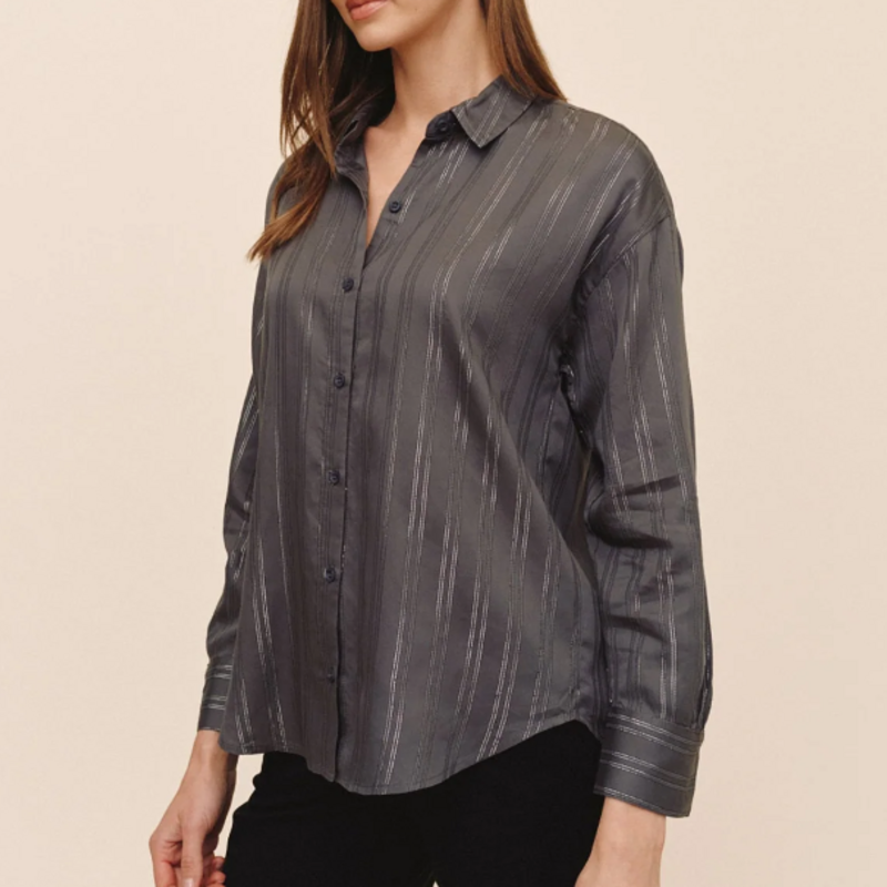 OVERSIZED BUTTON DOWN-SMOKE LUREX STRIPE
