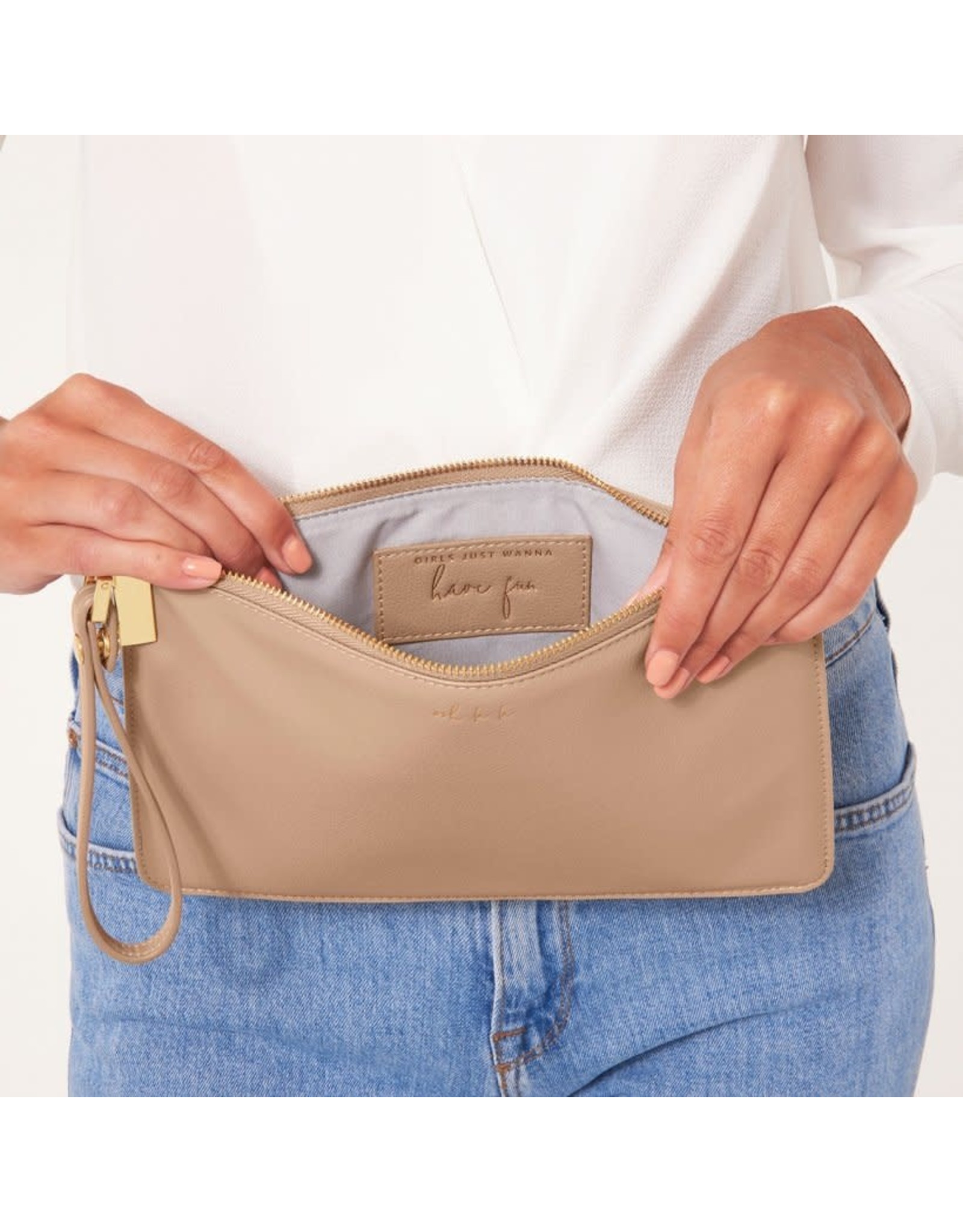 KATIE LOXTON SECRET MSSG POUCH TAUPE OOH LA LA