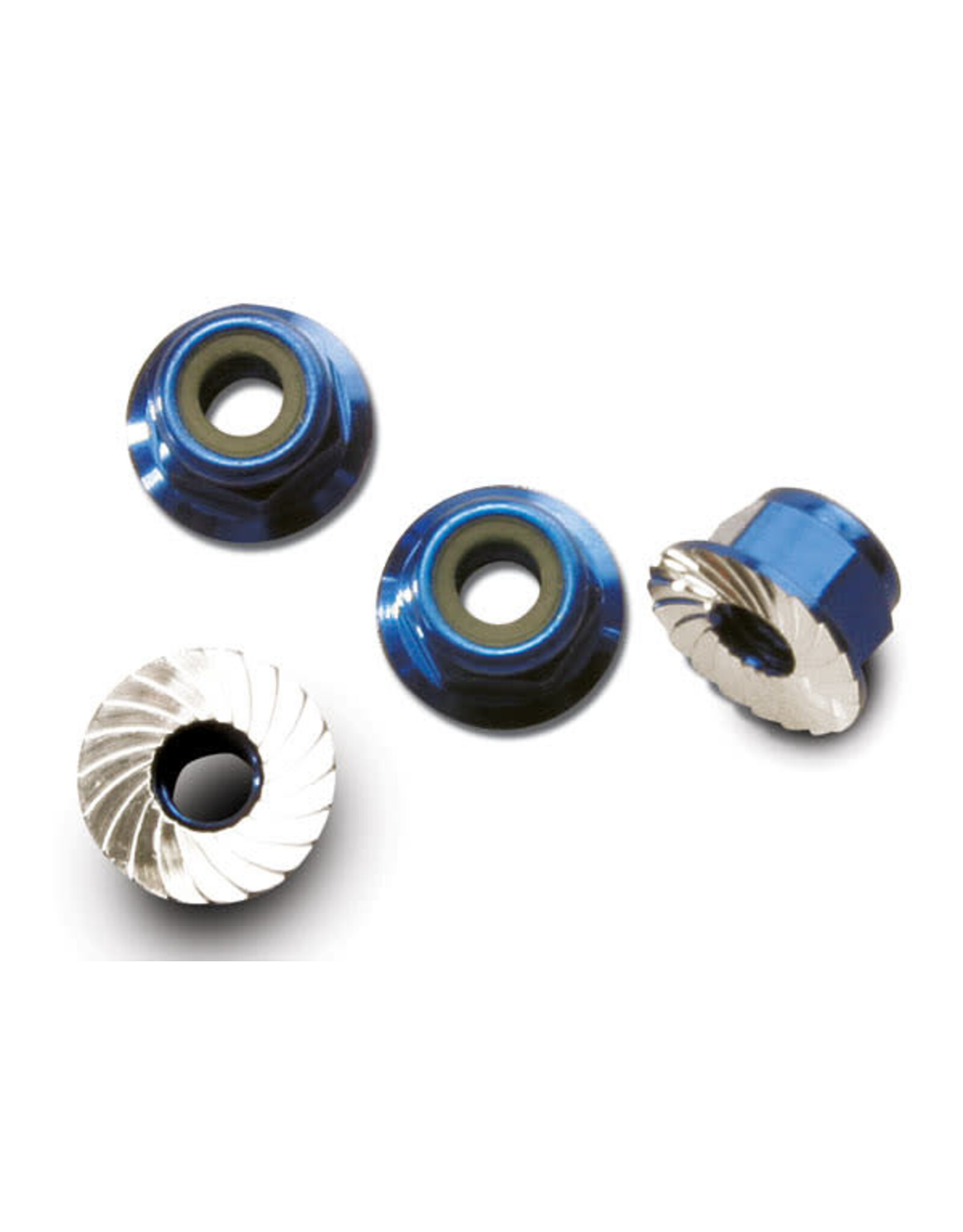 Traxxas 4mm Aluminum Flanged Serrated Nuts (Blue) (4)