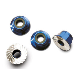 Traxxas 4mm Aluminum Flanged Serrated Nuts (Blue) (4)