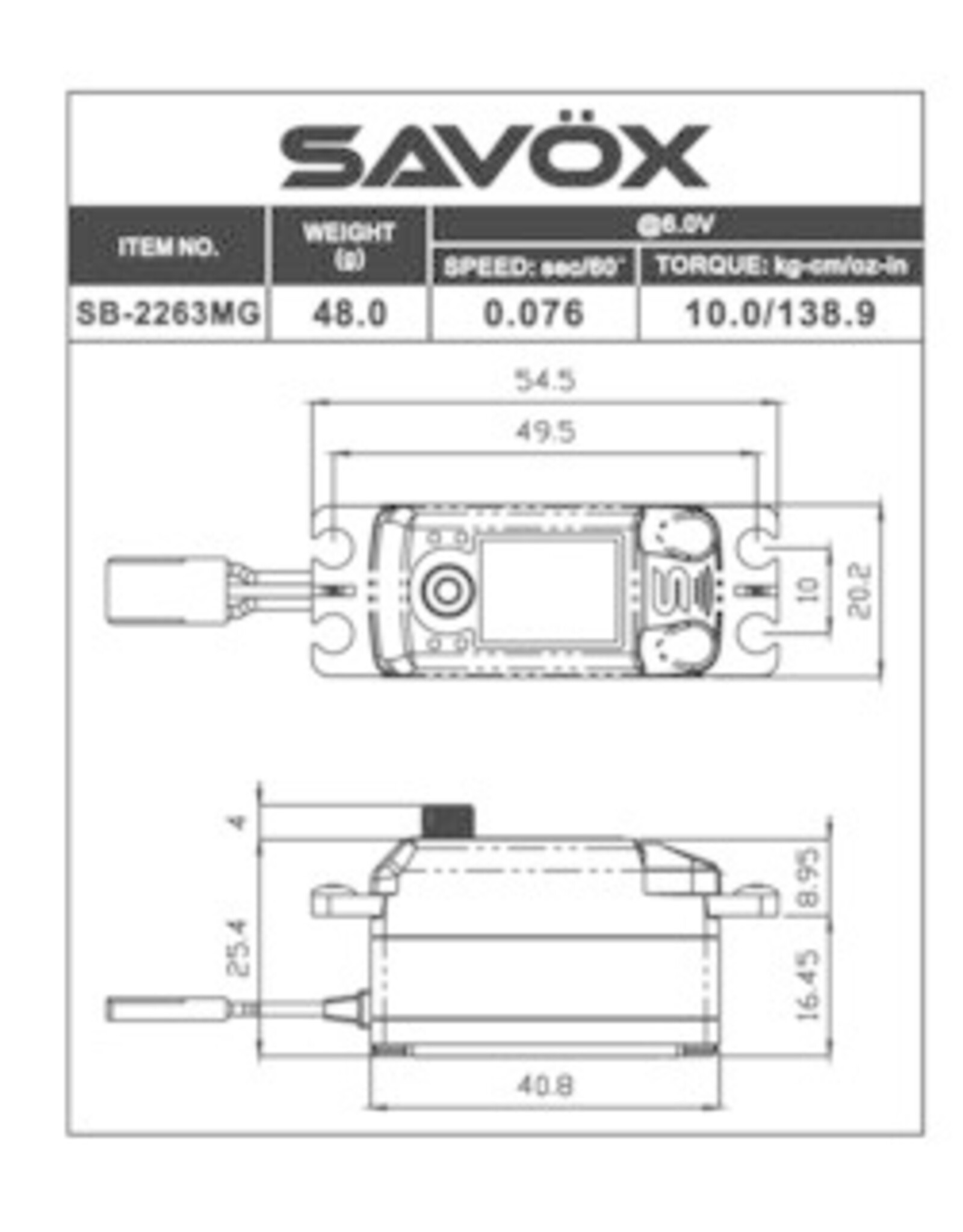 Savox Black Edition Low Profile Brushless Digital Servo 0.076/138.9 @ 6.0V