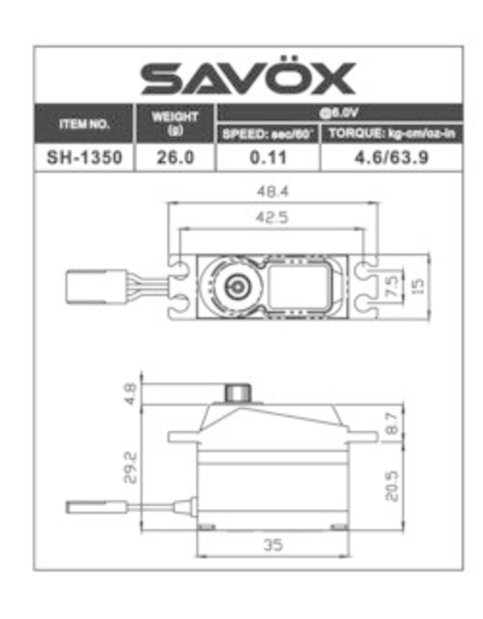 Savox Mini Size Coreless Digital Servo .11/63 @ 6V