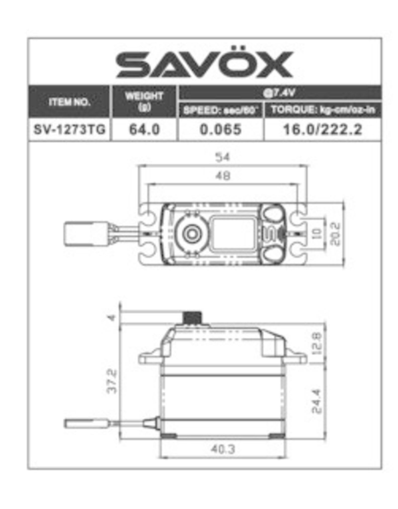 Savox High Voltage Coreless Digital Servo 0.065sec / 222.2oz @ 7.4V