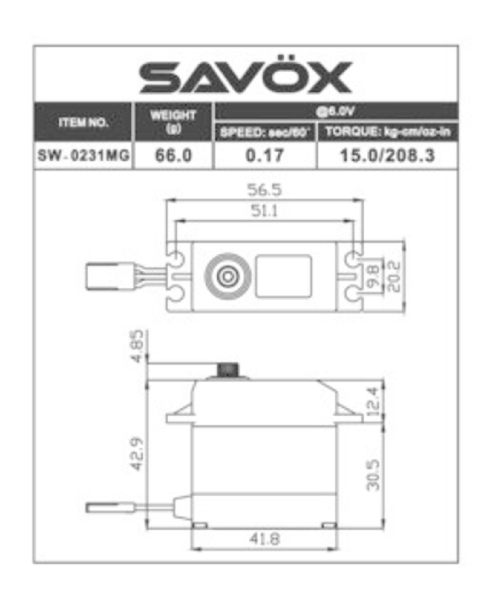 Savox Waterproof Standard Digital Servo 0.15sec / 208oz @ 6V