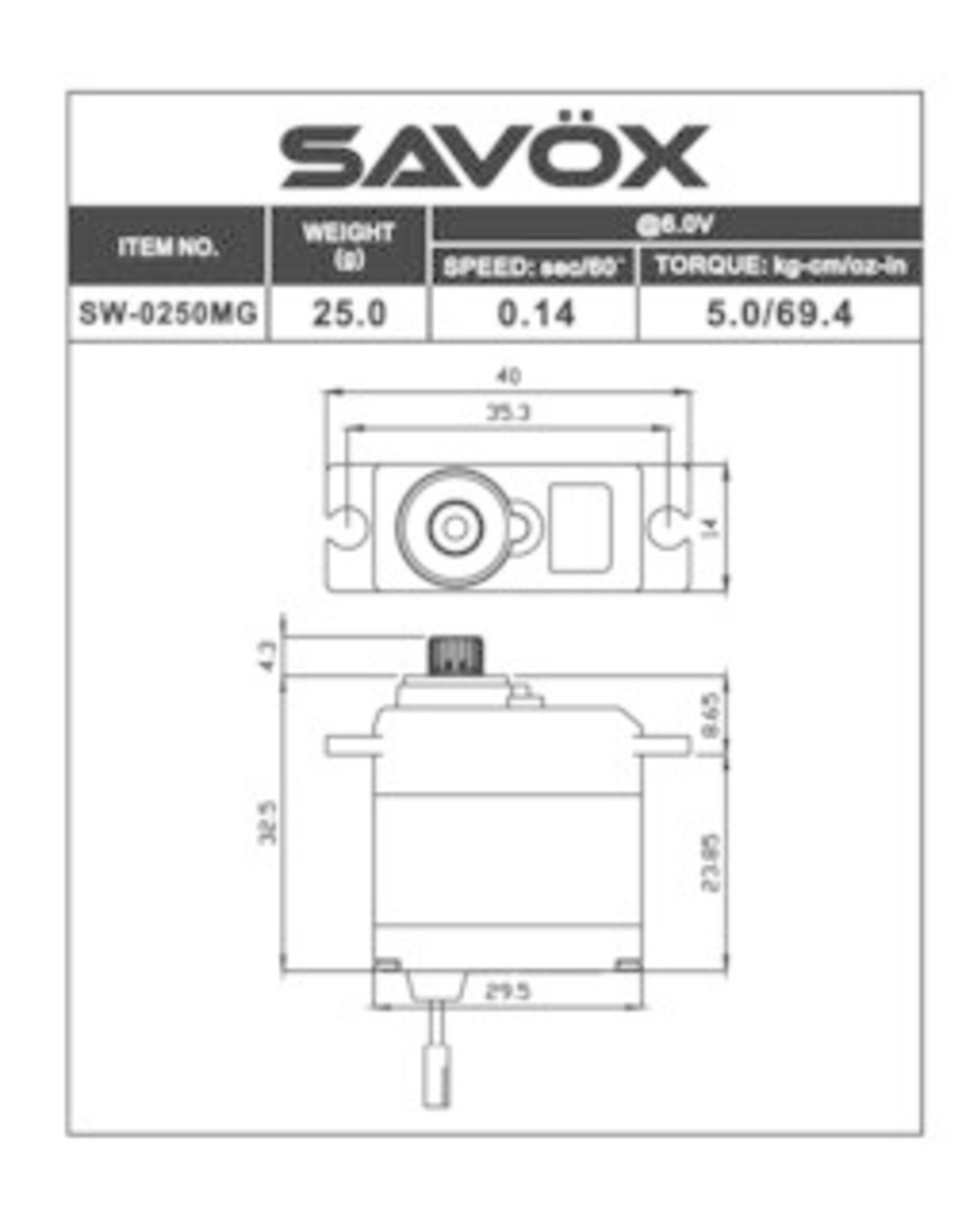 Savox Waterproof Micro Digital Servo 0.11sec / 69oz @ 6V