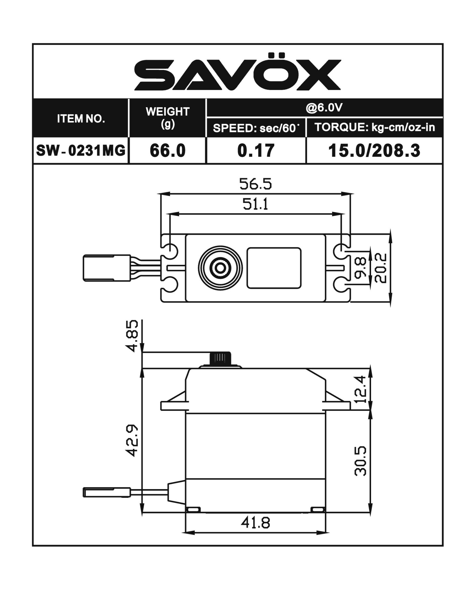 Savox Waterproof Standard Digital Servo 0.15sec / 347oz @ 7.4V
