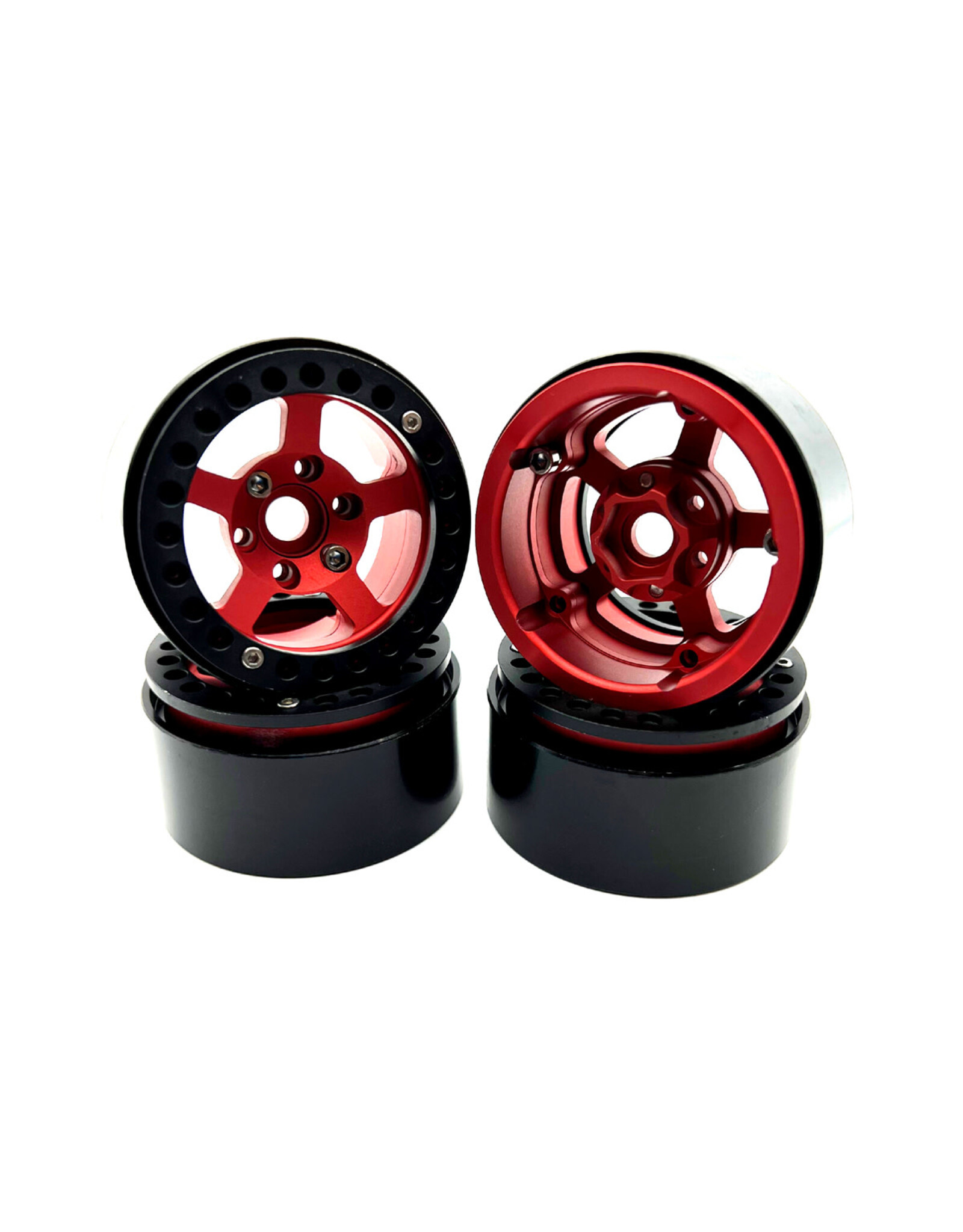 Racers Edge 1.9" Aluminum Beadlock Rims (4pcs) 5 Star, Red with Black Rings