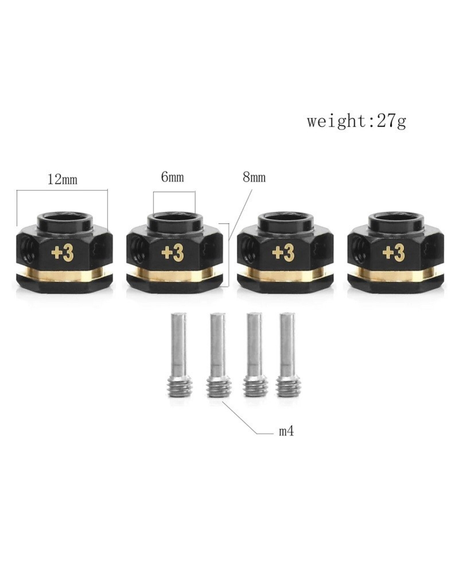 Power Hobby Brass 12mm Hex Hub Extenders, +3mm with Nuts, TRX-4