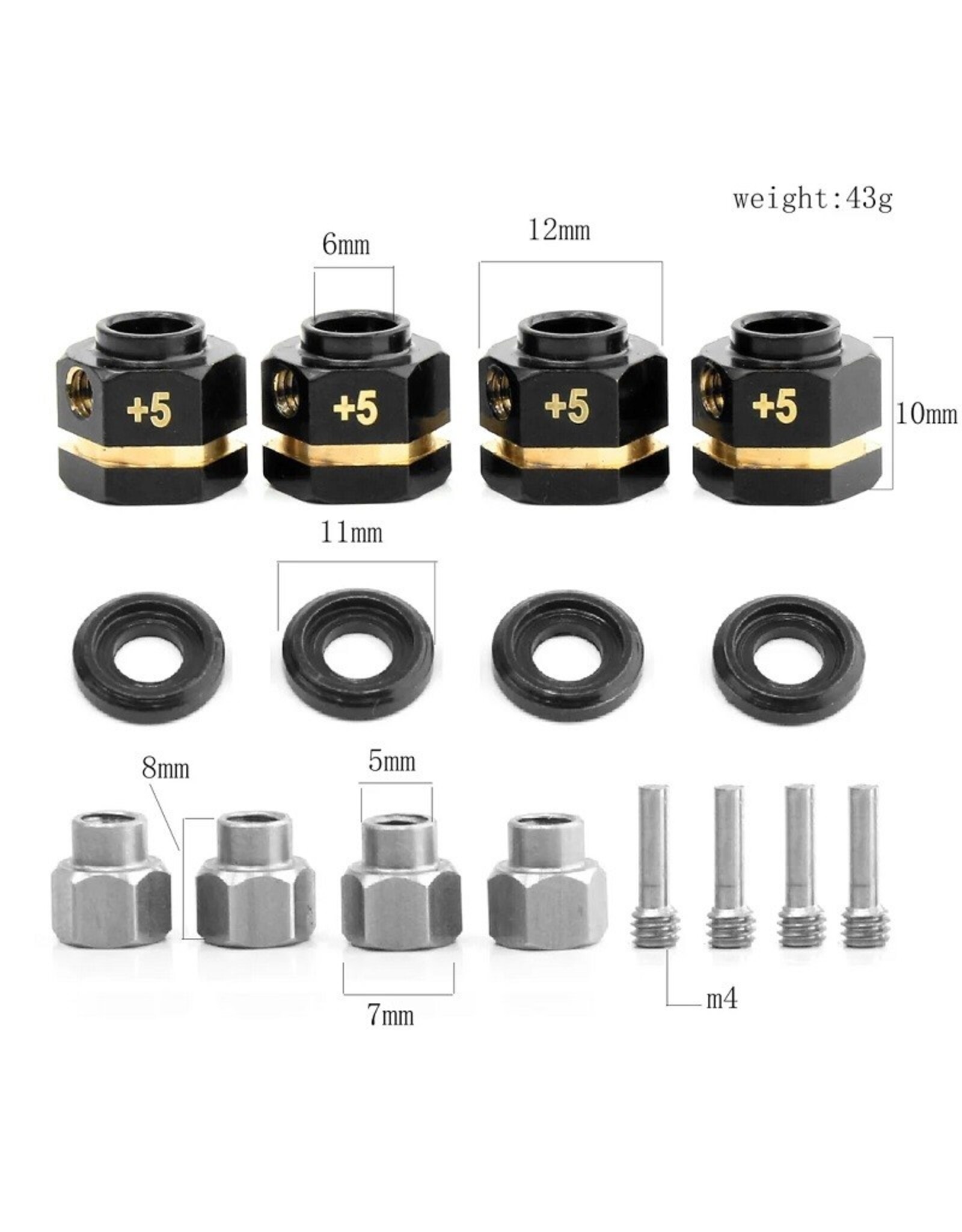 Power Hobby Brass 12mm Hex Hub Extenders, +5mm with Nuts, TRX-4