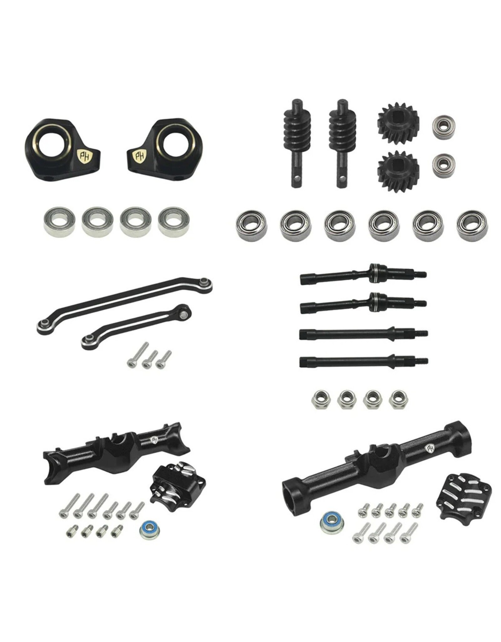 Power Hobby Alu. Front/Rear Complete Axles w/Brass Upgrades, Black, SCX30
