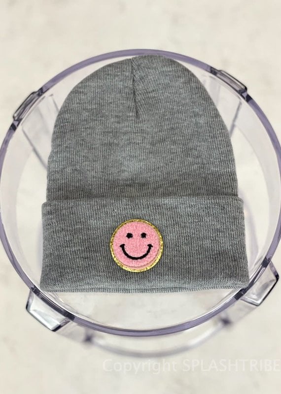 Smile Sparkle Patch Beanie Grey Pink