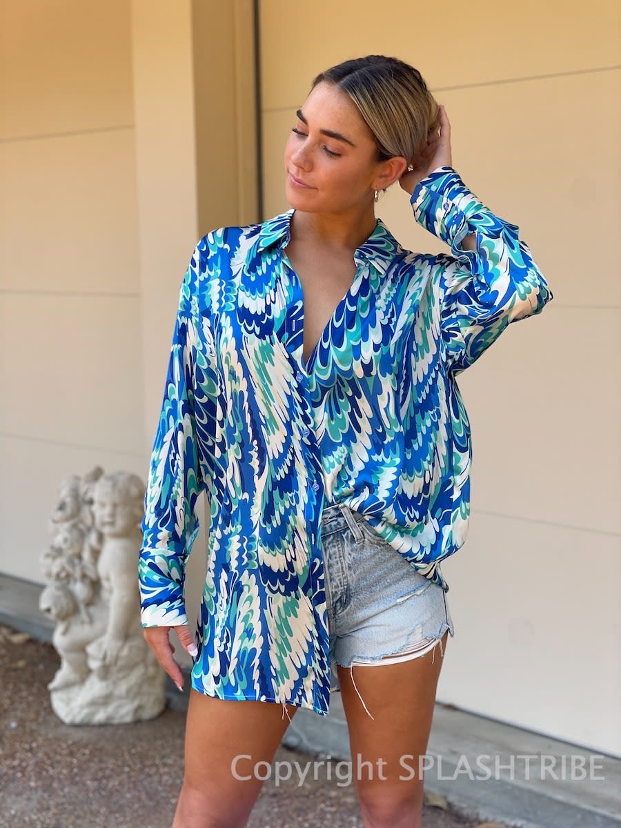 Abstract Oversized Satin Button Down 