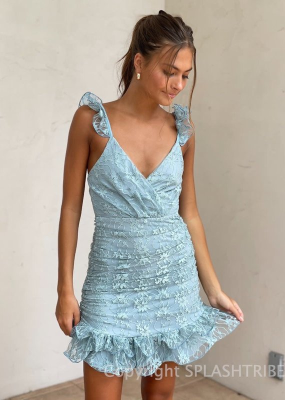Lace Overlay Ruffle Trim Mini Dress
