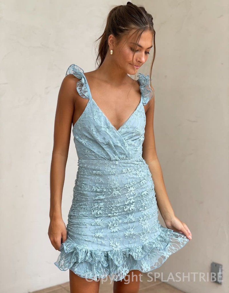 Lace Overlay Ruffle Trim Mini Dress