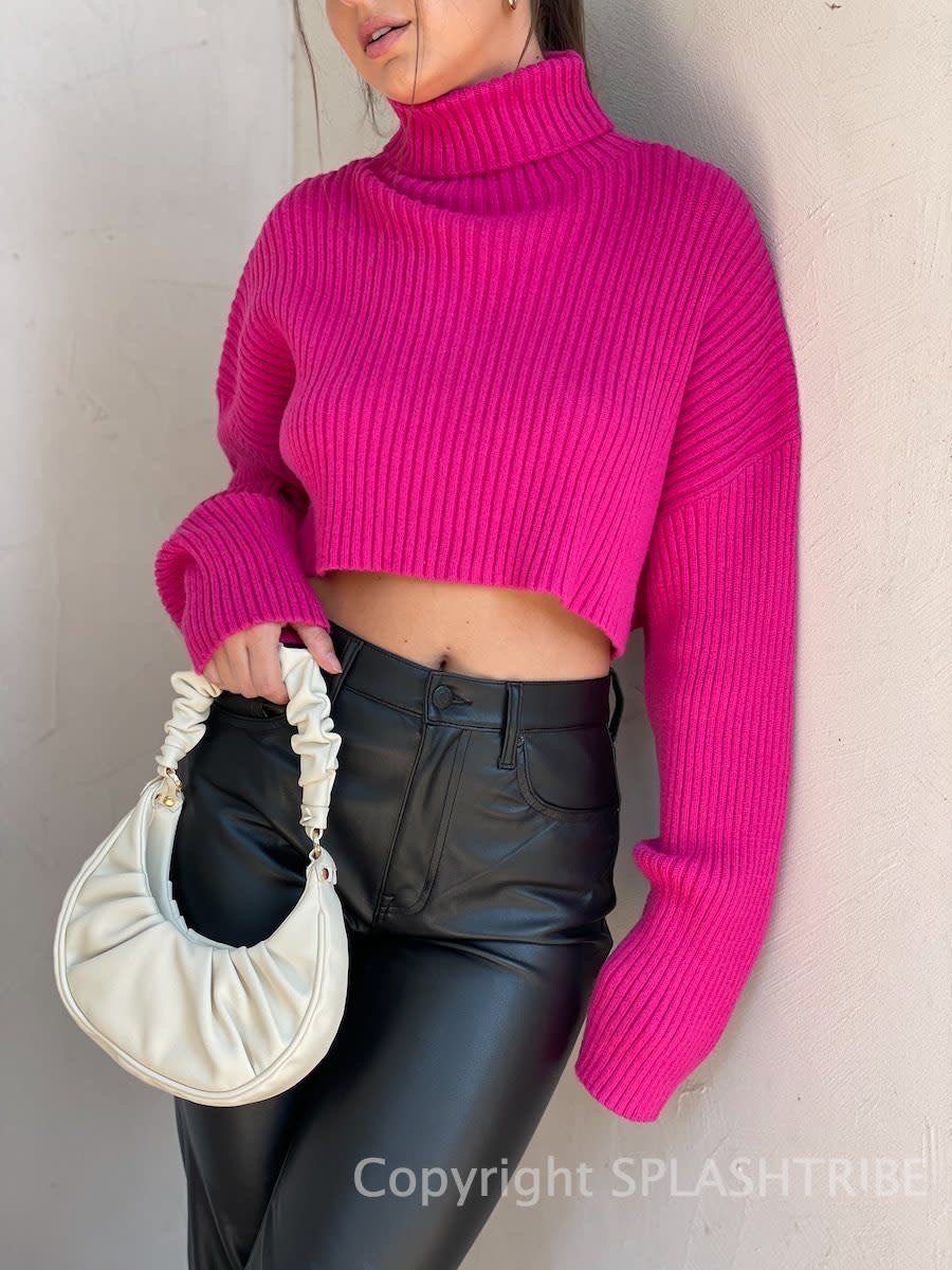 Pink Ribbed Cropped Roll Neck Sweater