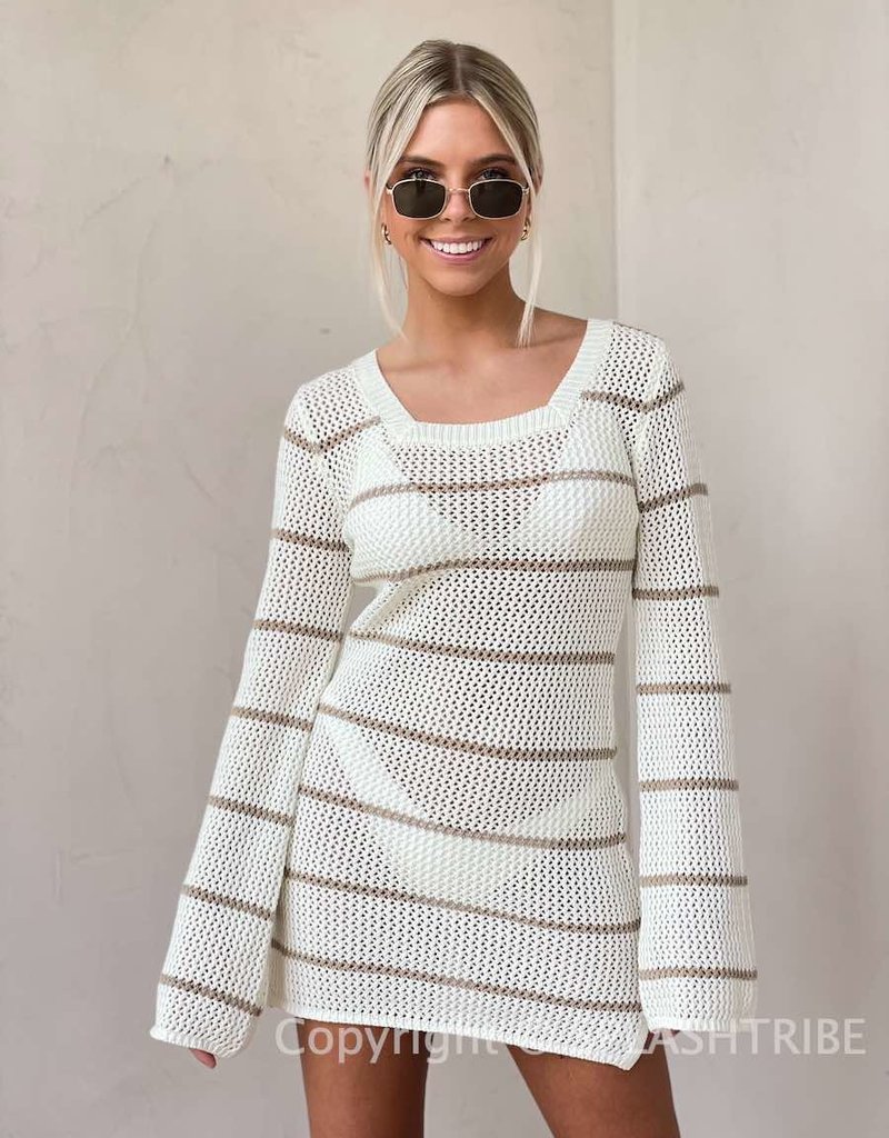 Crochet Striped Hoodie Coverup Mini Dress