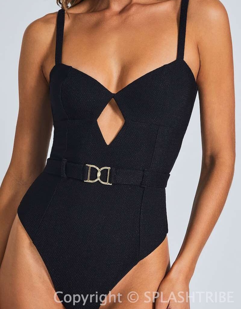 Black Textured Belted Swimsuit