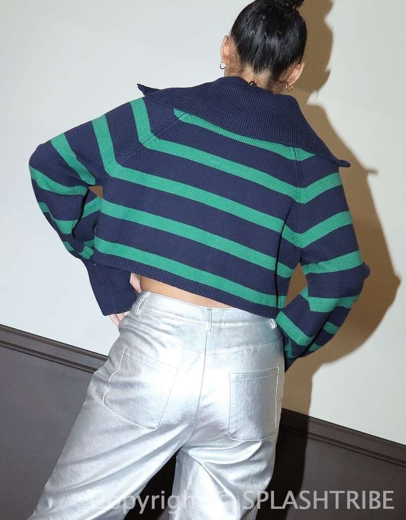 Stripe Zip Up Cropped Sweater