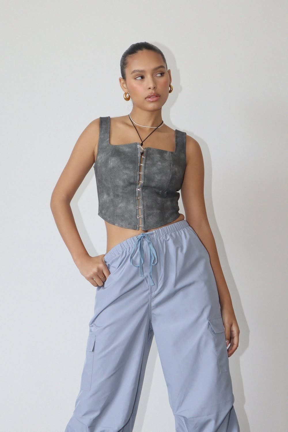 PU Hook And Eye Tops, Faux Leather Crop Tops