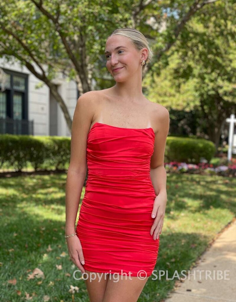 red strapless mini dress